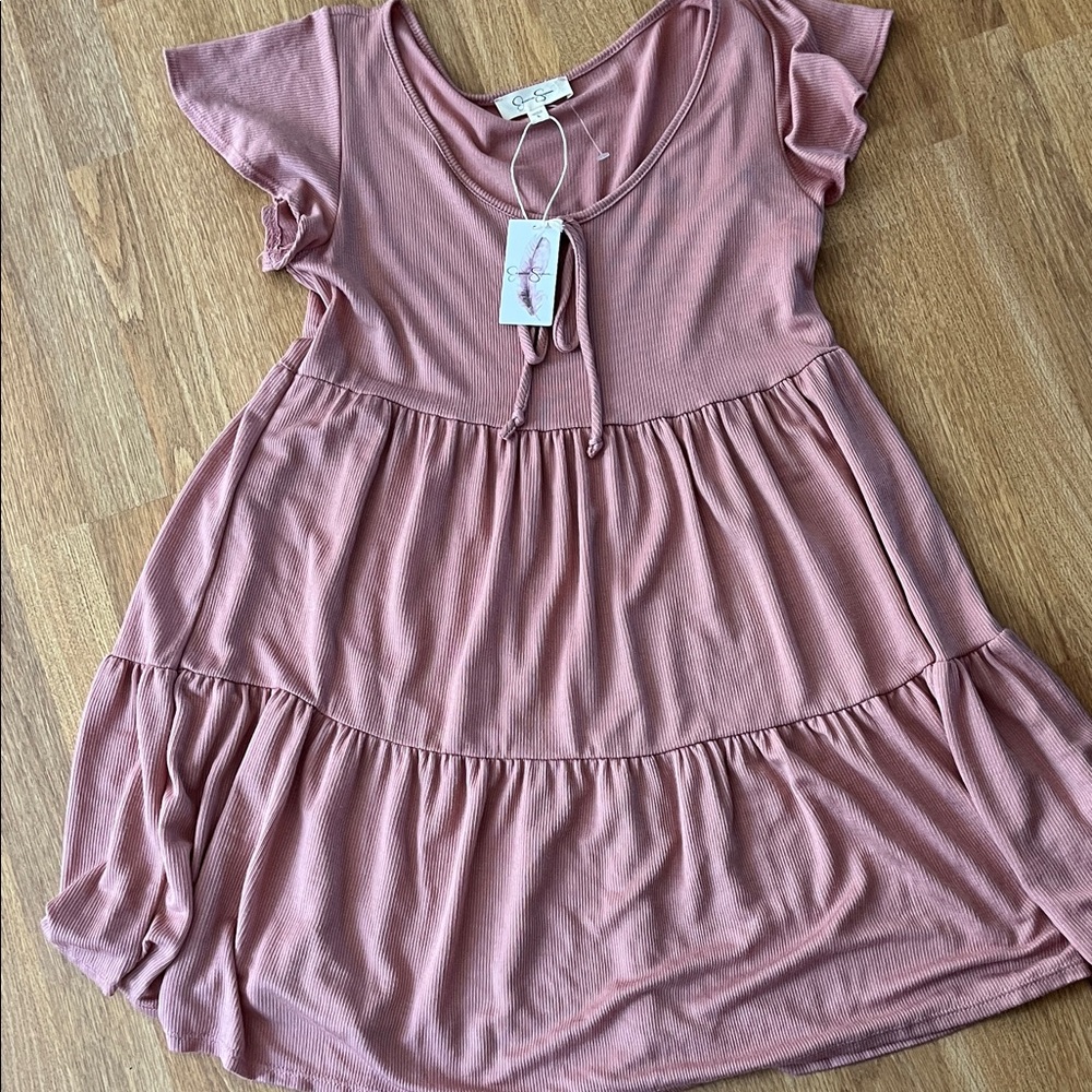 Women’s  Pink Tiered Knit Dress with Tie Neck